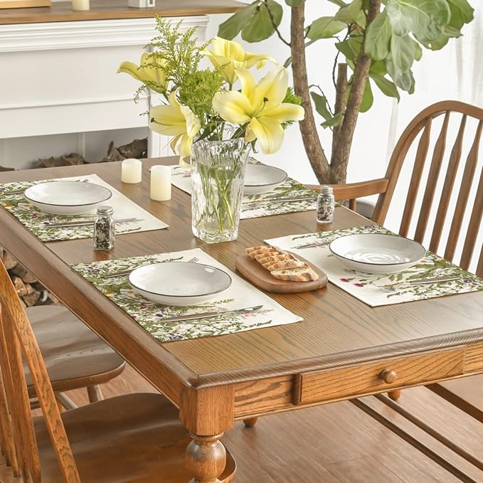Artoid Mode Antique Herbs and Wild Flowers Summer Placemats Set of 4, 12x18 Inch Seasonal Wildflower Spring Table Mats for Party Kitchen Dining Decoration