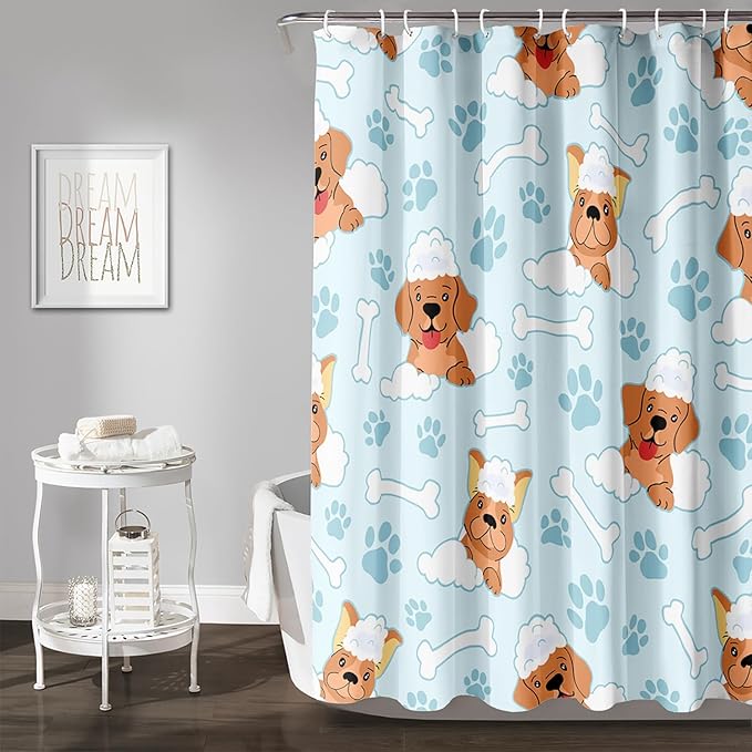 AILONEN Cute Dog Shower Curtain,Cute Bulldog Labrador Dog Print Shower Curtain, 48" W*72" H Waterproof Happy Shower Puppy Dog Lover Curtain with Grommets and 12 Hooks