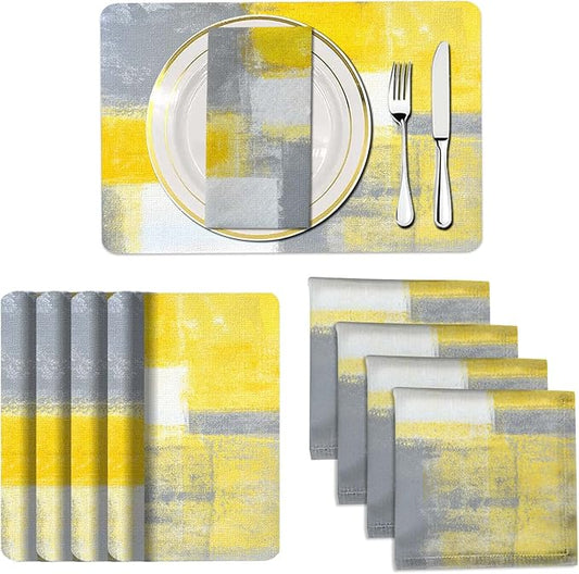 MCALK 4 Each Yellow Placemats and Cloth Napkins Set of 8, Modern Abstract Art Painted Placemat for Home Kitchen Decor (Placemats 18 "x12 Cloth Napkins 18 "x18)