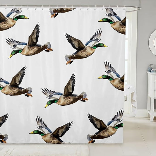 Manfei Ducks Kids Shower Curtains,Rustic Animals Hunting Adventure Bathroom Curtains for Girls Boys,Swimming Bird Farmhouse Country White Waterproof Curtains,12 Hooks Suits,72" W x 84" L