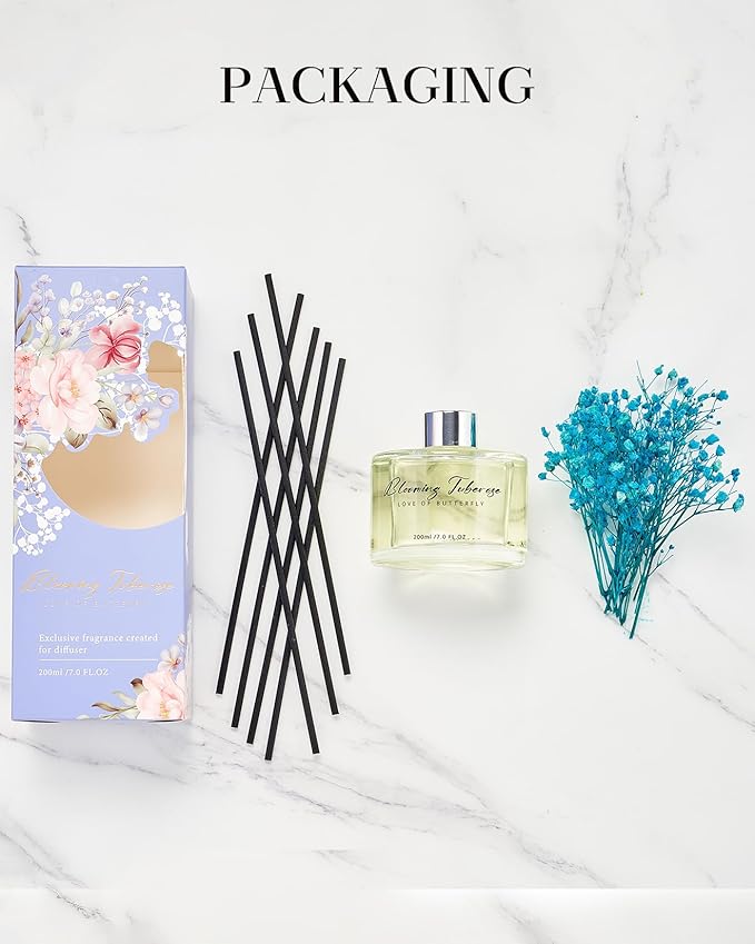 M&SENSE Reed Diffuser Set with 7 Sticks | 7.0oz Fresh Tuberose Scent, Long Lasting Oil Diffuser, Non-Toxic Fragrance Diffuser for Home Decor & Mothers Day with Baby's Breath Flower