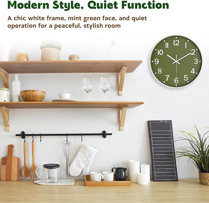 Silent Wall Clock Non-Ticking Battery Operated – Modern Olive Green Analog Wall Clock for Living Room, Kitchen, Office, Bedroom – Stylish Home Wall Decor Clock, 8 Inch