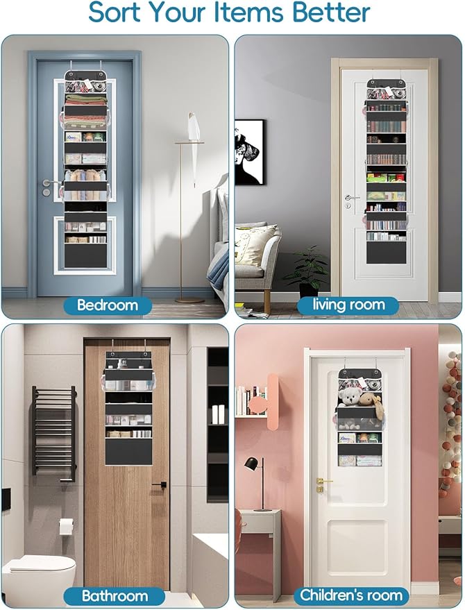 Over the Door Organizer Storage - Zippered 6 Shelf Behind Door Hanging Organizer with 8 Large Pockets, Anti-Tilt Design for Nursery, Bathroom, Bedroom, Kitchen, Dorm, Camper, Toys, Diapers, Cosmetics