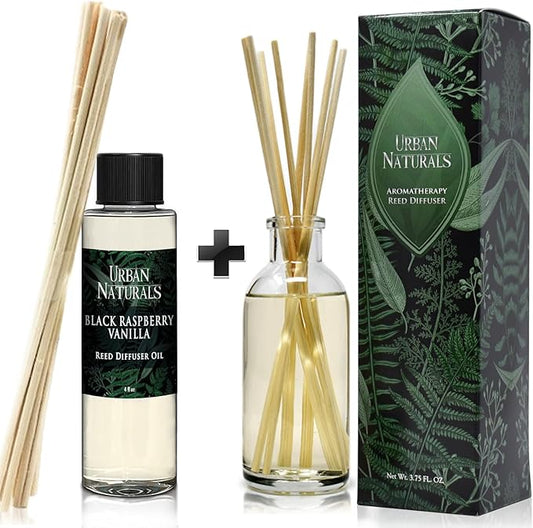 Urban Naturals Black Raspberry Vanilla Reed Diffuser Refill, 4 oz, Bundle with Black Raspberry Vanilla Reed Diffuser Set - Made with Essential Oils in The USA