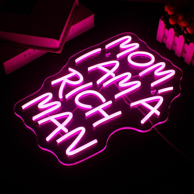 LUCUNSTAR Mom I Am A Rich Man Neon Sign,Neon Signs for Wall Decor,Pink Neon Sign,Neon Light for Wall,Led Signs Decor,USB Connectivity Led Neon Signs for Home Wall,Boys Room Decor,Man Cave Decor