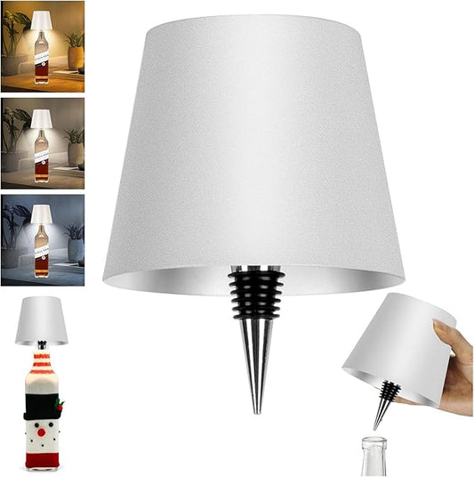Wireless Bottle Lamp Shade,Rechargeable LED Portable Cordless Table Lamp, 3 Colors Stepless Dimming Touch Wine Bottle Lights for Outdoor Bars Dining Bedroom (White)
