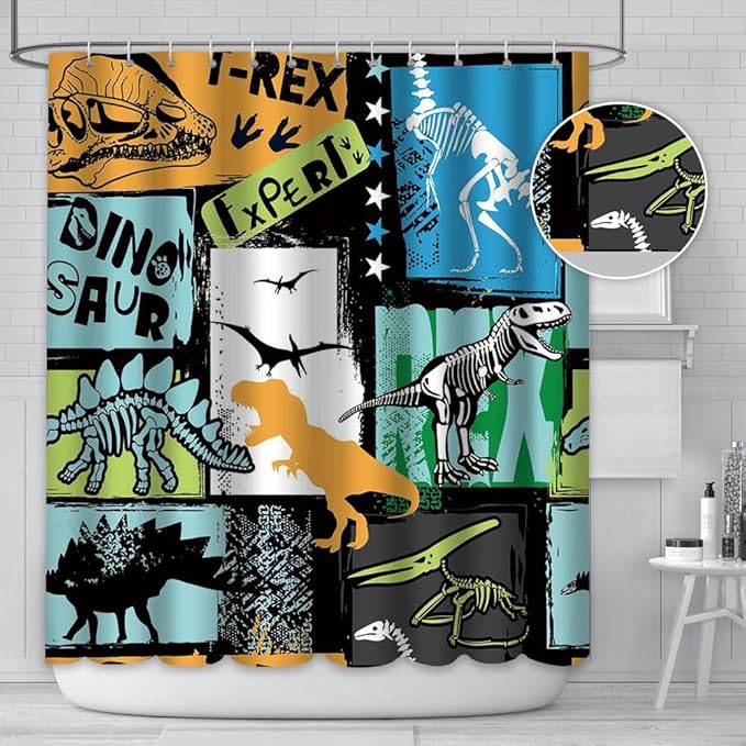 MEHOFOND Dinosaur Shower Curtain Funny Dino for Kids Boys Black Shower Curtain Plant Leaf Jungle Cartoon Colorful Bathroom Decor with Hooks Waterproof Fabric 72x72 inch