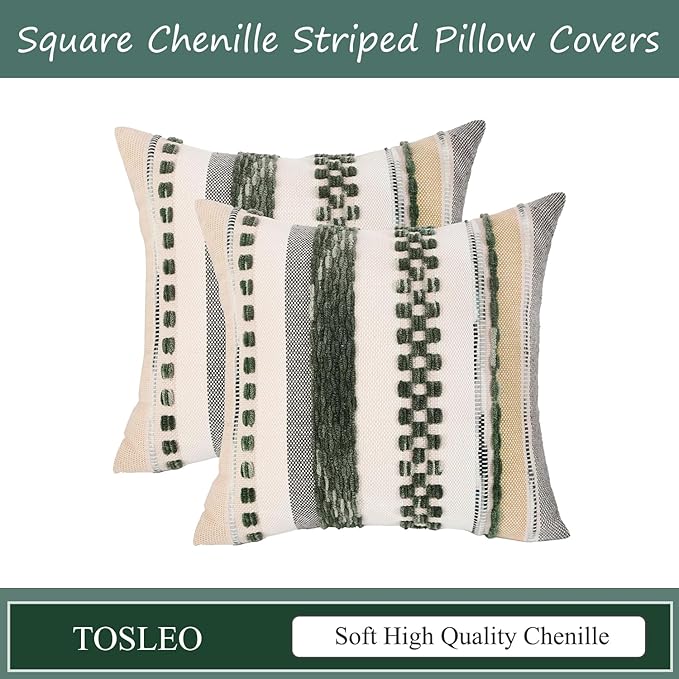 Tosleo Christmas Green 18x18 Pillow Covers Set of 2 Boho Throw Pillow Covers Striped Decorative Pillow Cases Accent Chenille Pillow Cases Farmhouse Cushion Case Accent Nuetral Textured Pillow Cover