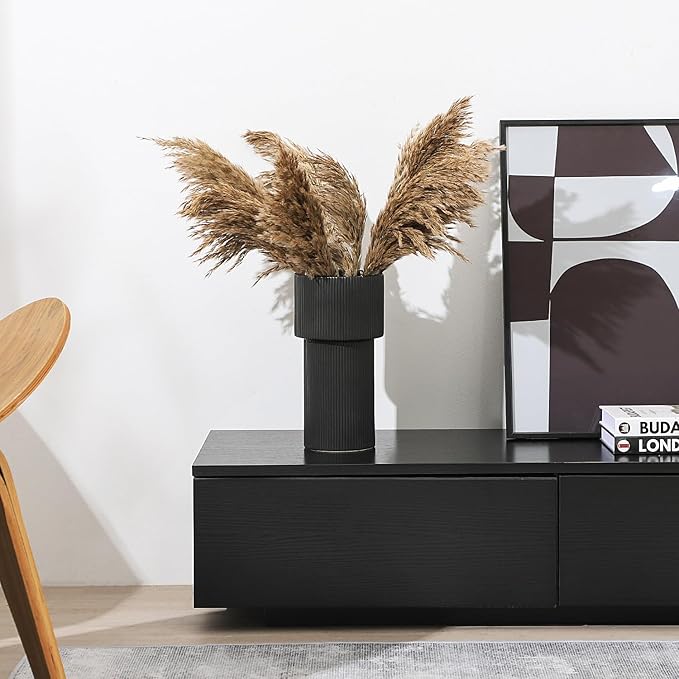 Large Black Ceramic Vase for Flowers, Large Ribbed Vase, Boho Decorative Vases for Modern Decor, Pampas Grass Vases for Living Room, Office, Mantel, Shelf, Entryway, 10 Inches