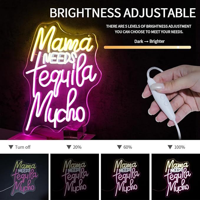 Mama Needs Tequila Mucho Neon Sign for Wall Decor Dimmable Led Lights Signs Letters LED Neon Signs for Pub Yellow Neon Light Pink Room Decor for Club Bistro Home Bar Party Decoration Gift