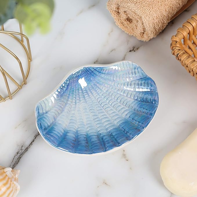 Ceramic Ocean Seashell Soap Dish, for Bathroom,Tub and Kitchen Sink-Blue