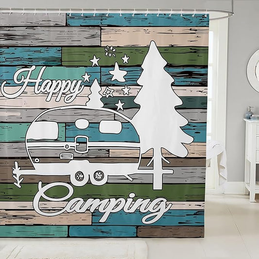 Feelyou Happy Camping Shower Curtain Camper Fabric Shower Curtain Kids Boys Girls Camping Print Decor Bathroom Waterproof Accessories with 12 Hooks Rustic Vintage Farmhouse Style Curtains,72x84 Inches