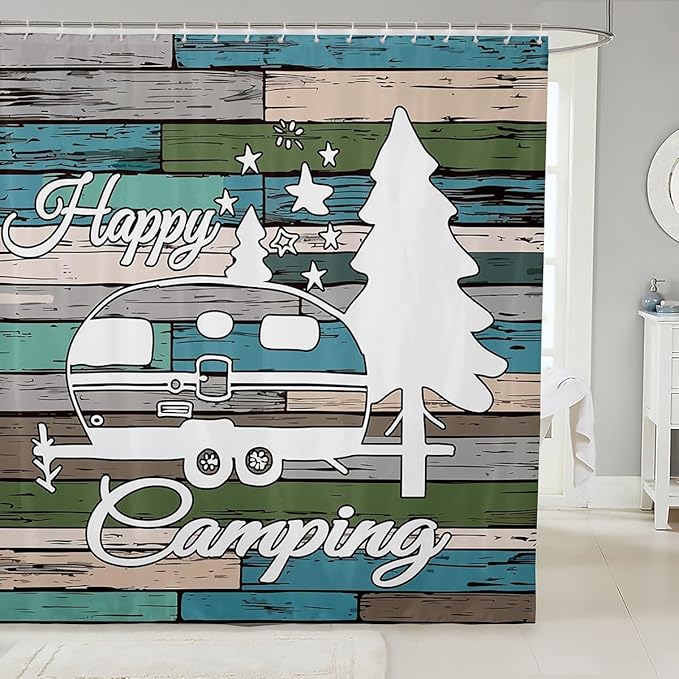 Feelyou Happy Camping Shower Curtain Camper Fabric Shower Curtain Kids Boys Girls Camping Print Decor Bathroom Waterproof Accessories with 12 Hooks Rustic Vintage Farmhouse Style Curtains,72x72 Inches