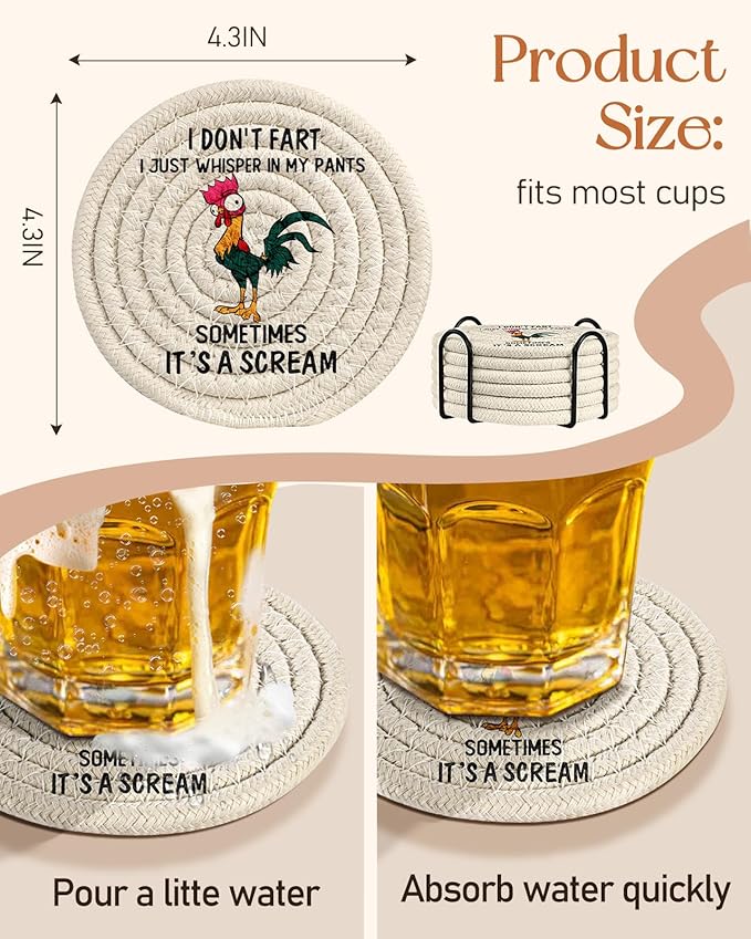 Cup Coasters for Drinks Absorbent - for Coffee Wooden Table Office Cute Farmhouse Outdoor Rustic Desk Unique Woven Women Boys Soft Cloth Braided Fabric Cool Funny Coaster Set of 6 with Holder