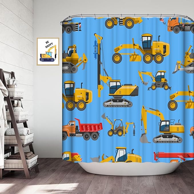 Construction Vehicles Shower Curtain for Kids Yellow Truck Excavator Tractor Cars Blue Boys Bathroom Curtain Waterproof Polyester Fabric Bath Curtain 72 x 72 Inch with 12 Plastic Hooks