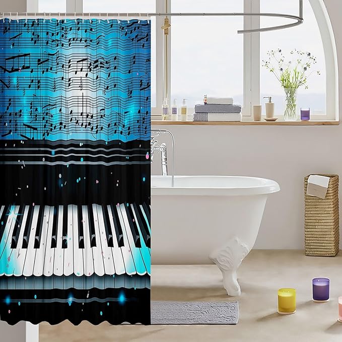 Feelyou Piano Shower Curtain Boys Girls Musical Fabric Shower Curtain for Kids Music Theme Bathroom Waterproof Accessories with 12 Hooks Blue Curtains,72x72 Inches