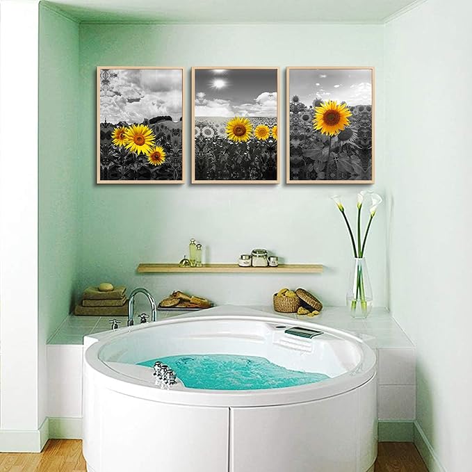 hyidecorart Natural Framed Wall Art For Living Room Large Wall Decor For Kitchen Sunflower Flowers Wall Paintings Black And White Wall Pictures Artwork Bedroom Room Decor Set of 3 Piece Prints Art