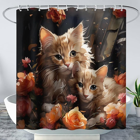 AILONEN 3D Kawaii Cat Shower Curtain,Lovely Kitten Mom and Son Polyester Cloth Bath Curtain Set for Girls Boys,Cute Animal with Flowers Waterproof Shower Curtains for Bathroom, 72" W*72" H