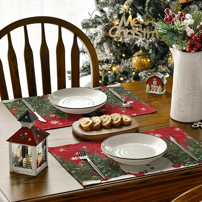 Artoid Mode Red Snowman Trees Bird Christmas Placemats Set of 8, 12x18 Inch Seasonal Winter Table Mats for Party Kitchen Dining Decoration