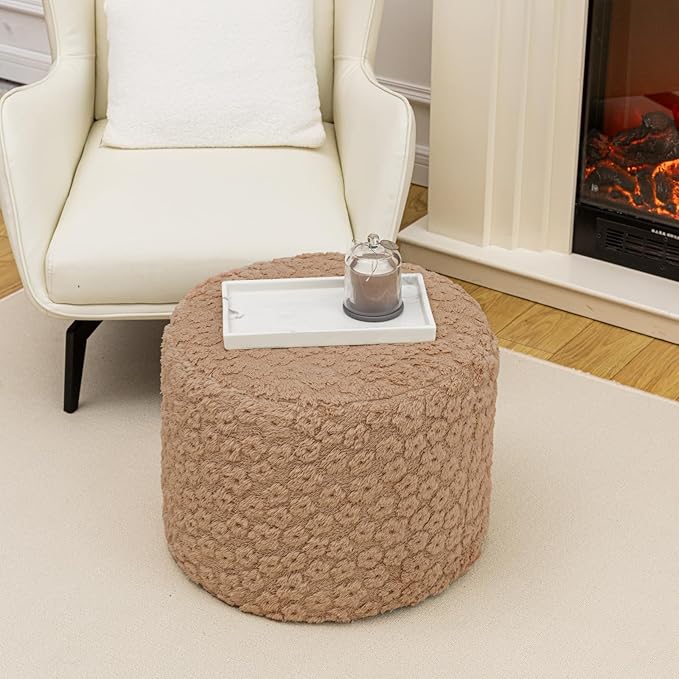 Round Plush Stuffed Ottoman Pouf - Ultra-Soft Furry Ottoman Foot Rest with High-Density Foam Filling, 20" x 14" Multi-Functional Floor Pouf for Living Room
