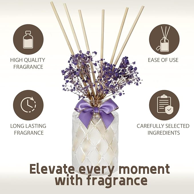 UCC Premium Reed Diffuser Set with Preserved Flower Reed Sticks, 6.76 fl oz French Cade Lavender Scented Room Diffuser Home Fragrance Essential Oil Reed Diffuser for Bedroom Bathroom Home Décor Office