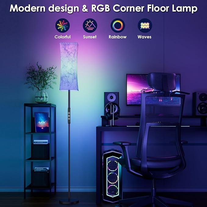 RGB Corner Floor Lamp - 67” Modern Tall Standing LED Light with Remote Touch Switch - 1800K-5500K Ambiance Color Changing Dimmable Floor Lamps for Living Room Bedroom Office Gaming Room New