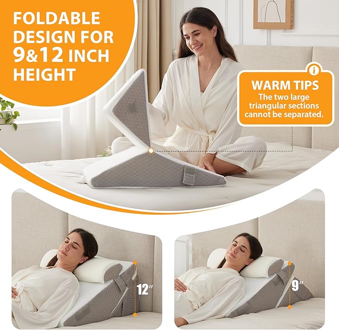 3PCS Orthopedic Bed Wedge Pillow Set for Sleeping, Wedge Pillow for Back Pain Relief, 10-in-1 Adjustable Bed Wedge Pillow Post Surgery, Triangle Pillow for Acid Reflux Snoring Gerd, White/Grey