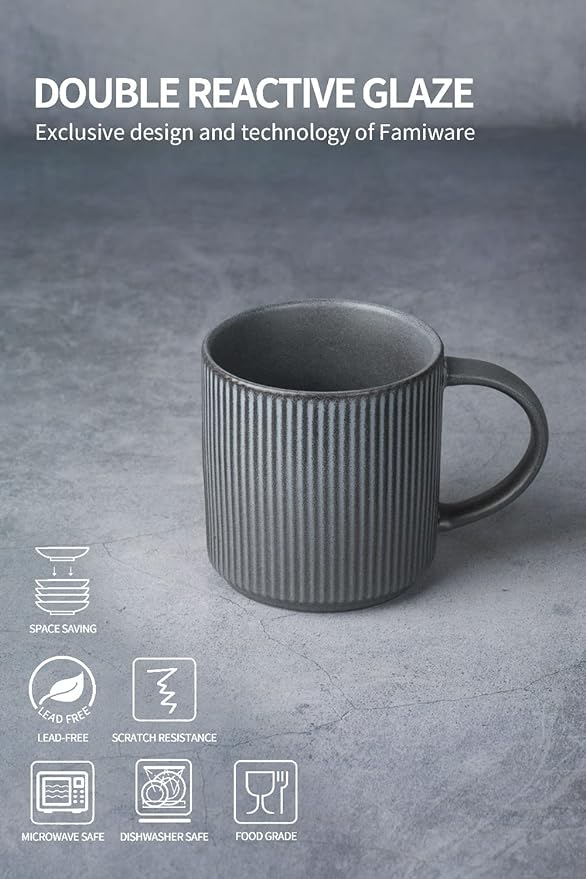famiware Coffee Mug Set for 6, Star 12 oz Catering Mugs Cup Set with Handle for Coffee, Tea, Cocoa, Milk - Ceramic Stoneware Drinkware Set, Matte Dark Charcoal