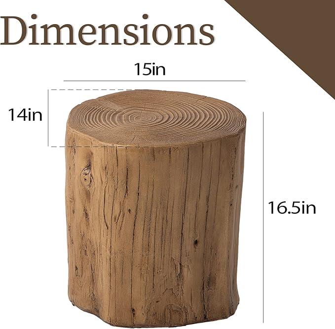 COSIEST Outdoor End Table Light Oak Colored Faux Wood, Hand-Painted Wood Stump Stool, Ottoman or Plant Stand, Deck or Garden