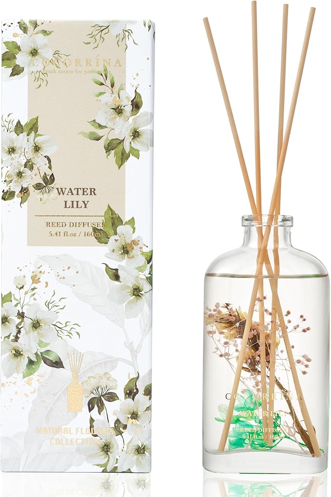COCORRÍNA Reed Diffuser - Water Lily 5.41 oz Flower Reed Diffuser Set with Sticks, Bedroom Bathroom Shelf Decor (Scented Blooms Collection)