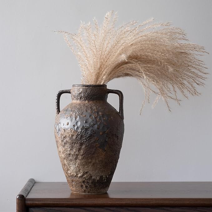 Ceramic Rustic Farmhouse Vase with 2 Handles, Brown 10" Vintage Distressed Clay Flower Vase, Pottery Terracotta Handmade Decor for Home Living Room Table Centerpiece