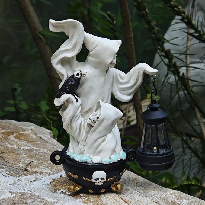 Skeletons Halloween Statues Decor Lantern - Gothic Grim Reaper Spooky Solar Lantern Statue Skeletons Crow,Outdoor Indoor Party Home Decorations Tabletop Shelf Garden Porch Yard Patio