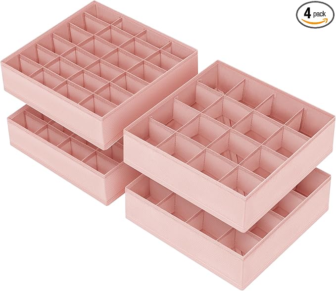 Joyoldelf Sock Drawer Organizer Divider 4 Packs Underwear Organizer, 2 x 24 Cell + 2 x 16 Cell Closet Organizers and Storage Sock Holders for Storing Socks, Handkerchiefs, Ties, Belts (Pink)
