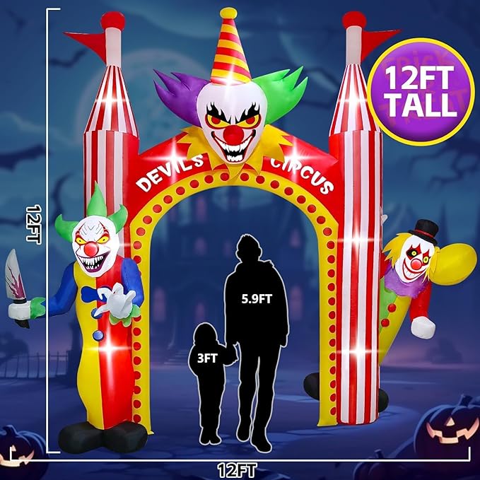 Kalolary 12 FT Halloween Inflatables Clown Archway Outdoor Decorations, Giant Clown Arch Blow Up Yard Decorations Scary Inflatable with Build-in Lights for Yard Garden Lawn Indoor Outdoor Decor