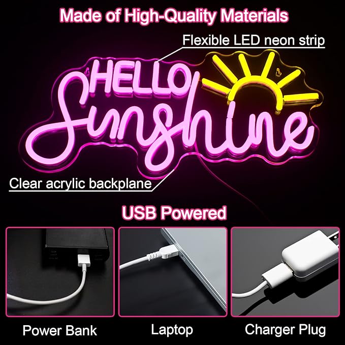 Hello Sunshine Neon Led Sign, Sunrise Neon Signs for Wall Decor, Sunshine Neon Light Sign for Room Decor, Bedroom, Livingroom, Summer, Windows