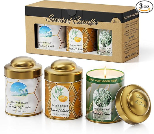 3-Pack Aromatherapy Candle Set - Balsam & Cedar, Sage & Citrus, Coconut & Beach Scented Candles 4.5oz Each | 25+ Hour Relaxing Long-Lasting Burn | Natural Soy Candles for Home, Gifts & Christmas