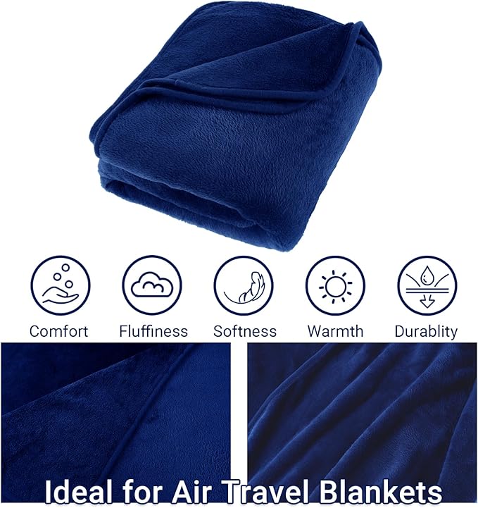 3 in 1 Travel Pillow and Blanket Set, Premium Soft 300 GSM Thick Airplane Blanket Compact with Bag for Long Trips Essentials, Hand Luggage Sleeve and Backpack Clip (Navy)