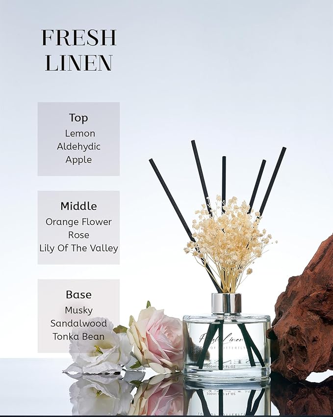 M&SENSE Fresh Linen Reed Diffuser Set with 7 Sticks | Baby's Breath Flower - 7.0oz Floral & Fruity Scent, Home Fragrance Flame Free Diffuser for Housewarming Gift, Long Lasting Room Fresheners