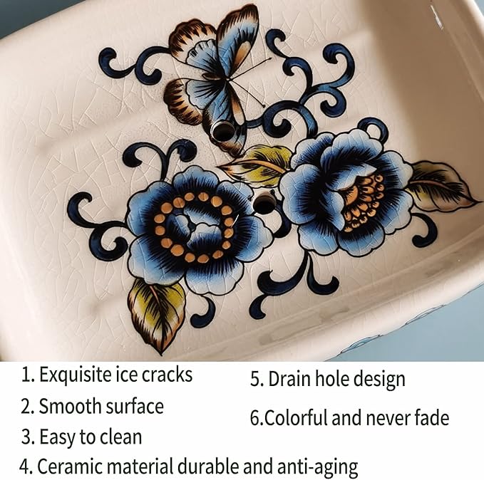 Ceramic Soap Dish Creative Ice Crack Ceramic Blue Butterfly and Flower Pattern Soap Dish Holder for Bathroom and Shower Soap Tray Box with Drain Gift for Mum Family
