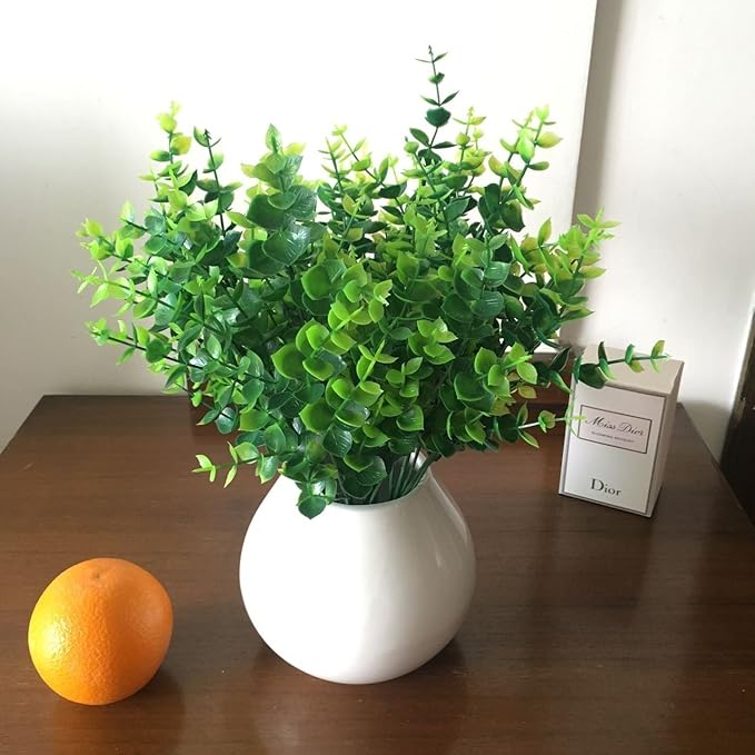 CATTREE Artificial Shrubs Bushes, Plastic Eucalyptus Leaves Fake Green Plants Wedding Indoor Outdoor Home Garden Verandah Kitchen Office Table Centerpieces Arrangements Christmas Decoration 8 pcs