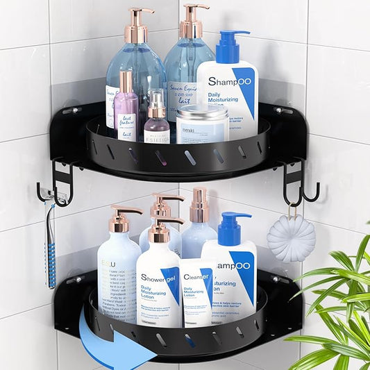 360°Rotating Corner Shower Caddy Shelf With 6 Hooks,2PACK Bathroom Shower Organizer Corner with 5Pcs Adhesive,Stainless Steel Corner Shower Racks for Inside Shower for Home Apartment Decor(Black）