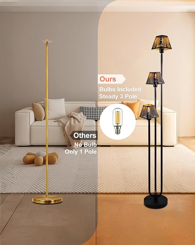 63IN Black Floor Lamp, Unique 3 Poles Tall Standing Lamps with Metal Shade, 3000K Warmwhite Mid Century Modern Floor Lamp for Living Room Home Office(Bulbs Included)