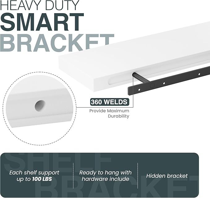 BATODA Set of 2 17" White Floating Shelves Wall Mounted for Bathroom – Wooden Decorative Wall Bookshelf - Storage Shelf Organizer for Home, Bedroom, Kitchen - Black Bracket, Shelving Mounting Included