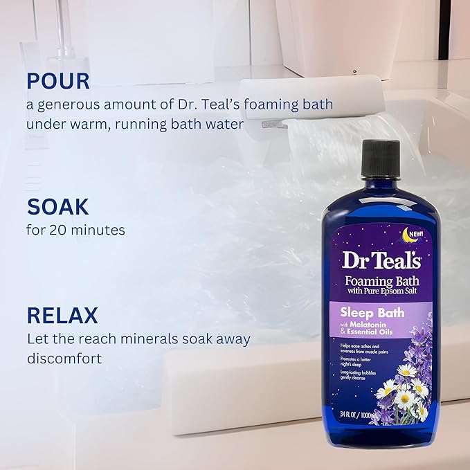 Dr. Teal's Melatonin Foaming Bath 34oz (Pack of 2) with Variety Junction Premium Bath & Shower Sponge - Sleep Inducing Bubble Bath