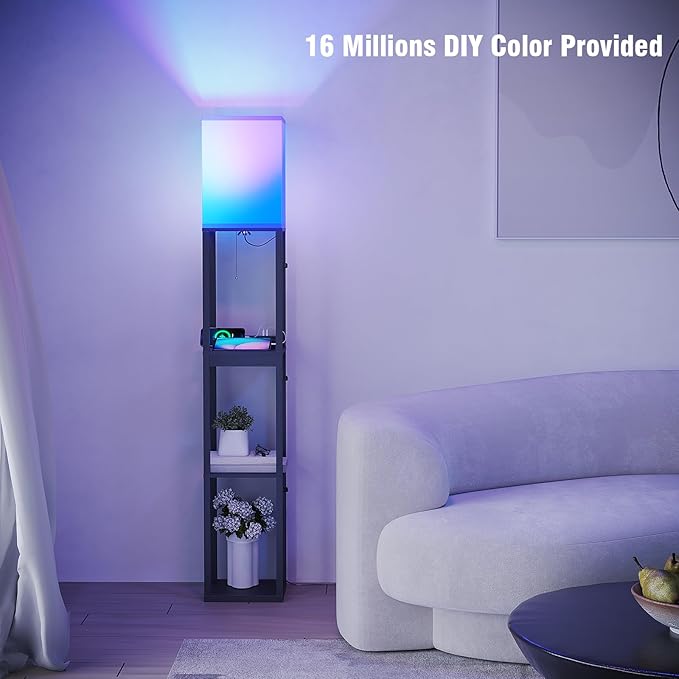 SUNMORY Floor Lamp with Shelves, RGB Light Dimmable Standing Lamp with APP Control, Tall Shelf Lamp for Living Room and Bedroom, Home Decor (Black)