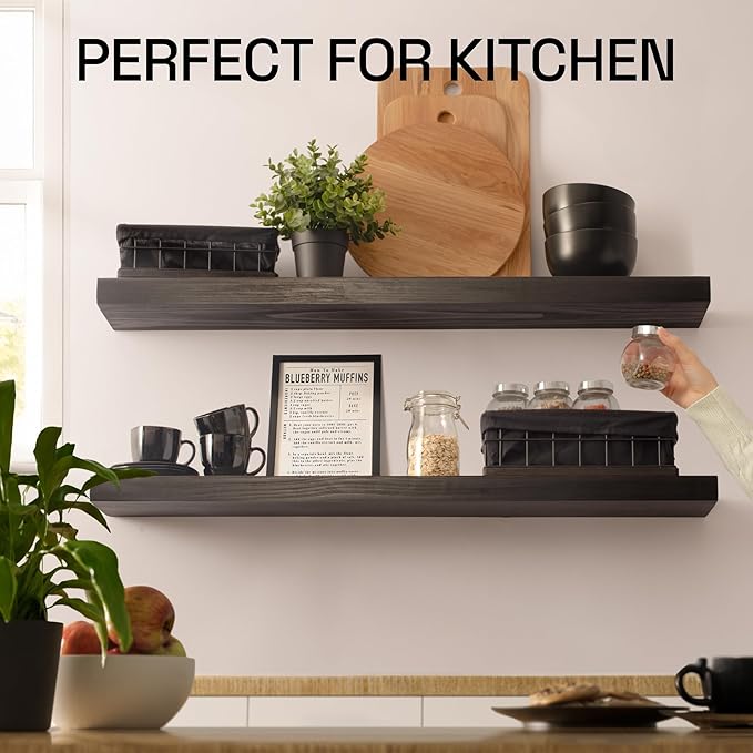 BAOBAB WORKSHOP Wood Floating Shelves for Bathroom Wall - Solid Wood Shelf 36 inch - Long Floating Shelves for Wall for Bedroom Kitchen Living Room - Black Shelves - 36 x 6.7 Inch, Set of 2