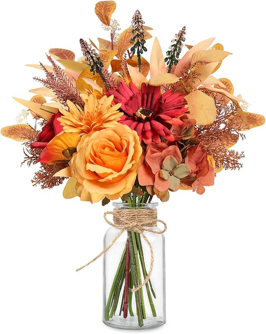 Artificial Fall Flowers for Decoration, Fall Fake Flowers in Vase Faux Silk Flower Arrangements Room Office Wedding Home Decor Indoor Tables Centerpieces Autumn Flowers Decor (Fall Flowers)