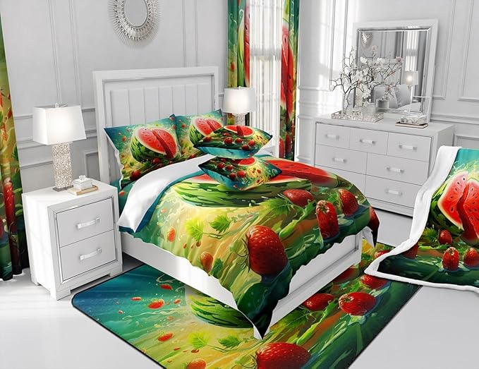 Feelyou Watermelon Shower Curtain Strawberry Fabric Shower Curtain for Kids Boys Girls Fruit Bathroom Waterproof Accessories with 12 Hooks Summer Curtains,72x72 Inches