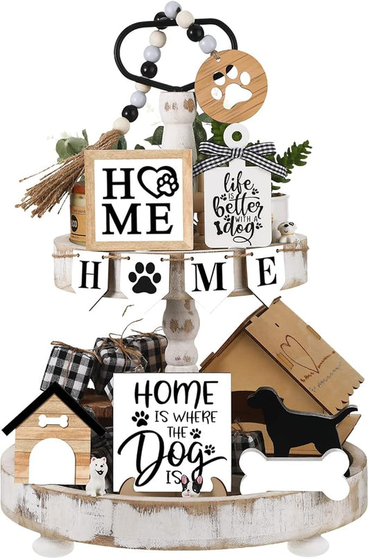 Set of 11 Farmhouse Tiered Tray Decor Rustic Home Tiered Tray Decorations Set Home Wooden Signs Bone Dog Paw Farmhouse Tabletop Wood Signs for Kitchen Table Shelf Decor