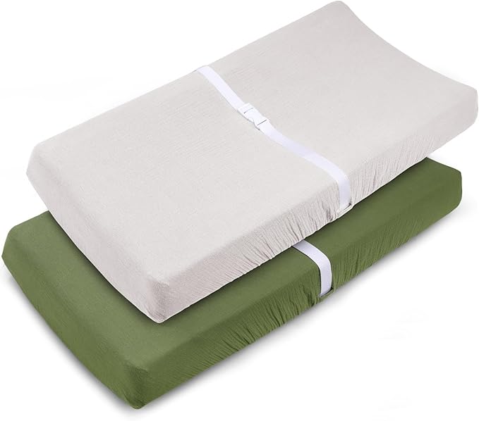 Muslin Changing Pad Cover for Baby Girls Boys-2 Pack 17"x 33" Cotton Soft Breathable Diaper Changing Pad Cover-Breathable Changing Pad Sheets-Neutral Boho Baby Showers Gift-Olive Green & Beige Colors